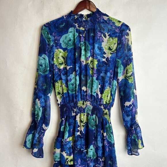 MISA Los Angeles Rania Chiffon Smock Neck Asymmetrical Midi Dress Blue Floral M - Picture 6 of 12